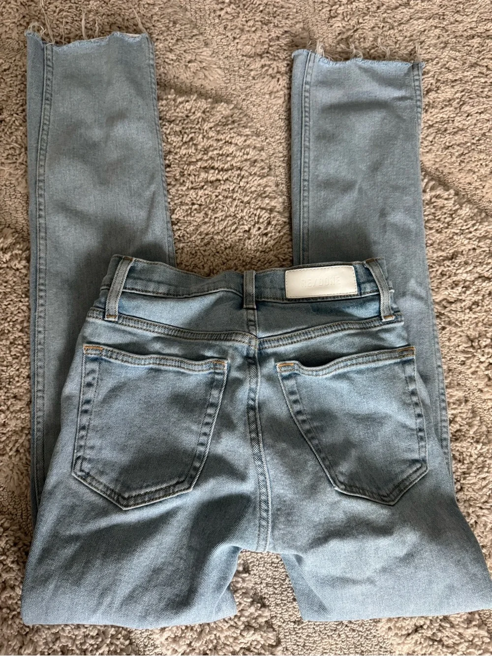 $250 RE/DONE Originals ’80s Slim Straight Jeans Light Wash Raw Hem Size 25